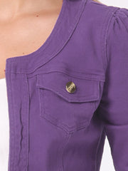 Denim Collarless Pockets 3/4 Sleeve Feminine Style Jacket