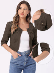 Denim Collarless Pockets 3/4 Sleeve Feminine Style Jacket