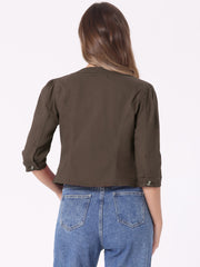 Denim Collarless Pockets 3/4 Sleeve Feminine Style Jacket