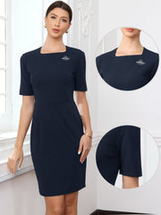 Square Neck Short Sleeve Work Business Sheath Dress