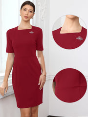 Square Neck Short Sleeve Work Business Sheath Dress