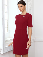 Square Neck Short Sleeve Work Business Sheath Dress
