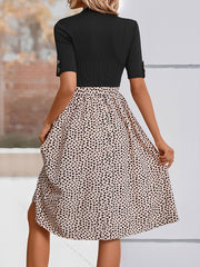 Mock Neck Patchwork Leopard Print A-Line Dress