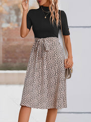 Mock Neck Patchwork Leopard Print A-Line Dress
