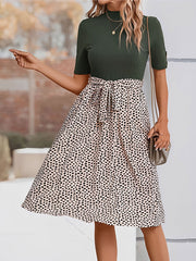 Mock Neck Patchwork Leopard Print A-Line Dress