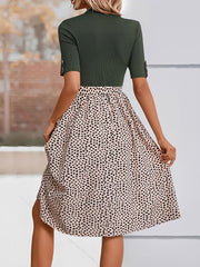 Mock Neck Patchwork Leopard Print A-Line Dress
