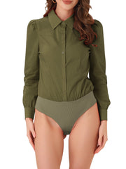 Leotard Shirt Collared Business Casual Button Down Long Sleeves Bodysuit
