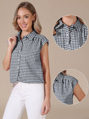 Gingham Cap Sleeves Button Down Blouse