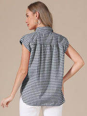 Gingham Cap Sleeves Button Down Blouse
