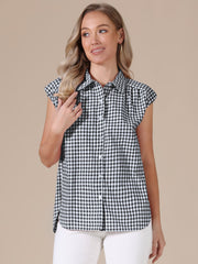Gingham Cap Sleeves Button Down Blouse