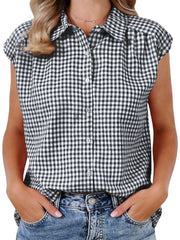 Gingham Cap Sleeves Button Down Blouse