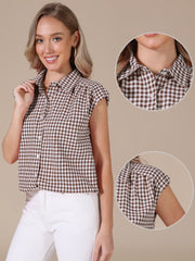 Gingham Cap Sleeves Button Down Blouse