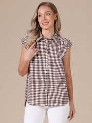 Gingham Cap Sleeves Button Down Blouse