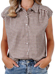 Gingham Cap Sleeves Button Down Blouse