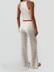 2 Pieces Floral Spaghetti Strap Cropped Top & Straight Legs Trousers Pants Matching Workout Set