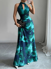Halter Neck Ruched Floral Maxi Evening Prom Dress