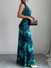 Halter Neck Ruched Floral Maxi Evening Prom Dress