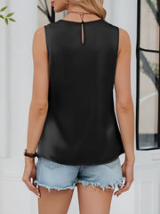Pleated Round Neck Satin Sleeveless Blouse