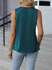 Pleated Round Neck Satin Sleeveless Blouse