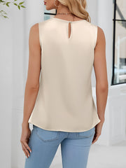 Pleated Round Neck Satin Sleeveless Blouse