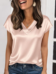 Satin V Neck Short Sleeves Work Blouse