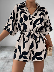 Satin Printed Short Sleeves Buttun Down Tie Waist Rompers