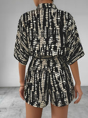 Satin Printed Short Sleeves Buttun Down Tie Waist Rompers