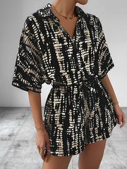 Satin Printed Short Sleeves Buttun Down Tie Waist Rompers