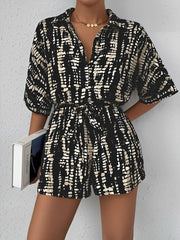 Satin Printed Short Sleeves Buttun Down Tie Waist Rompers