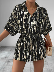 Satin Printed Short Sleeves Buttun Down Tie Waist Rompers