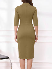 3/4 Sleeves Notch Lapel Midi Sheath Dress