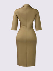 3/4 Sleeves Notch Lapel Midi Sheath Dress