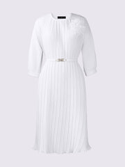 Round Neck 3/4 Sleeves Pleated Flower Decor Midi Dress