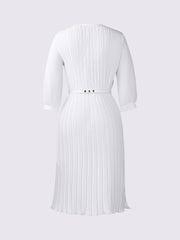 Round Neck 3/4 Sleeves Pleated Flower Decor Midi Dress