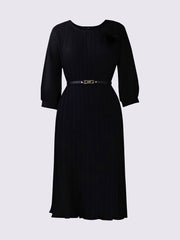 Round Neck 3/4 Sleeves Pleated Flower Decor Midi Dress