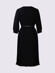 Round Neck 3/4 Sleeves Pleated Flower Decor Midi Dress