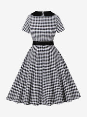 Colorblock Gingham Short Sleeve Belted Retro Swing Dress