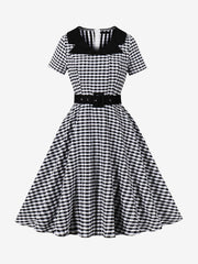 Colorblock Gingham Short Sleeve Belted Retro Swing Dress