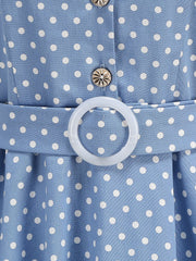 Polka Dots Lapel Button Down Belted Midi Swing Dress