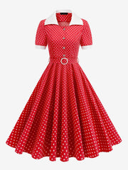 Polka Dots Lapel Button Down Belted Midi Swing Dress