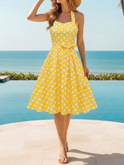 Vintage Polka Dot Lace-Up Halter Neck A-Line Dress