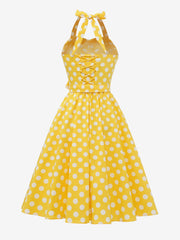 Vintage Polka Dot Lace-Up Halter Neck A-Line Dress