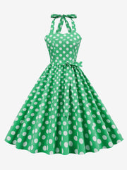 Vintage Polka Dot Lace-Up Halter Neck A-Line Dress