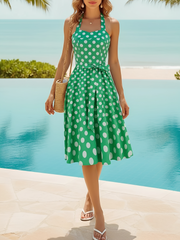 Vintage Polka Dot Lace-Up Halter Neck A-Line Dress