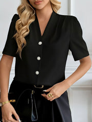 Pleated Puff Sleeves Button Down Work Blouse