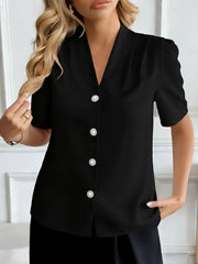 Pleated Puff Sleeves Button Down Work Blouse