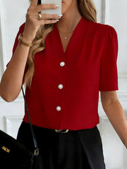 Pleated Puff Sleeves Button Down Work Blouse