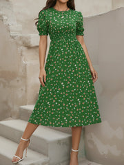 Floral Puff Sleeves Smocked Waist A-Line Midi Dress
