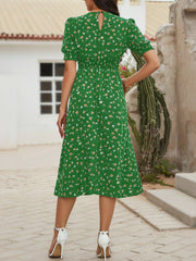 Floral Puff Sleeves Smocked Waist A-Line Midi Dress