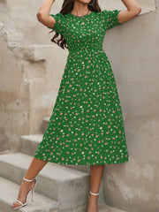 Floral Puff Sleeves Smocked Waist A-Line Midi Dress